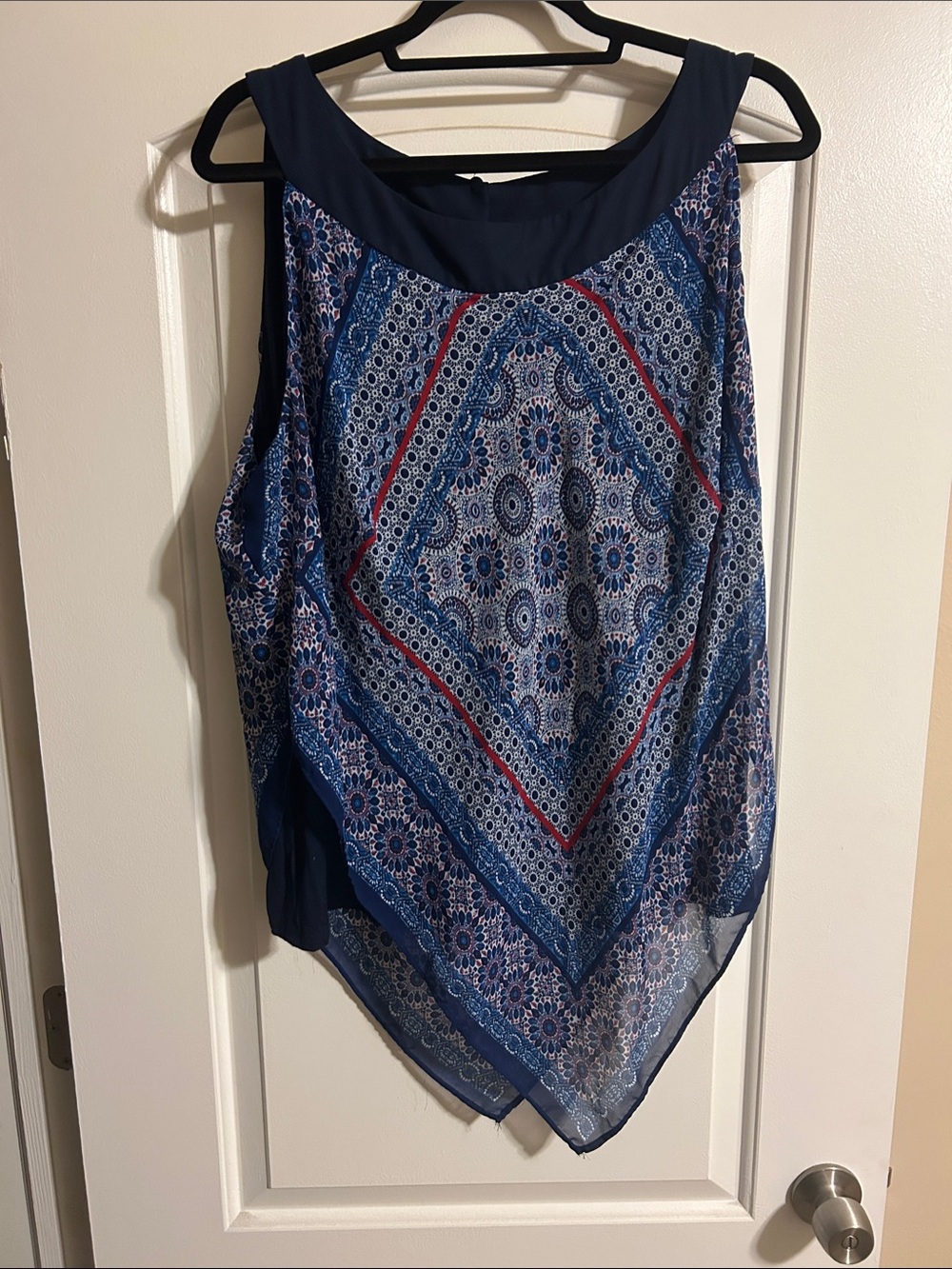 Alyx Navy Blue Patterned Sleeveless Handkerchief-Hem Tank Top with Red Accents
